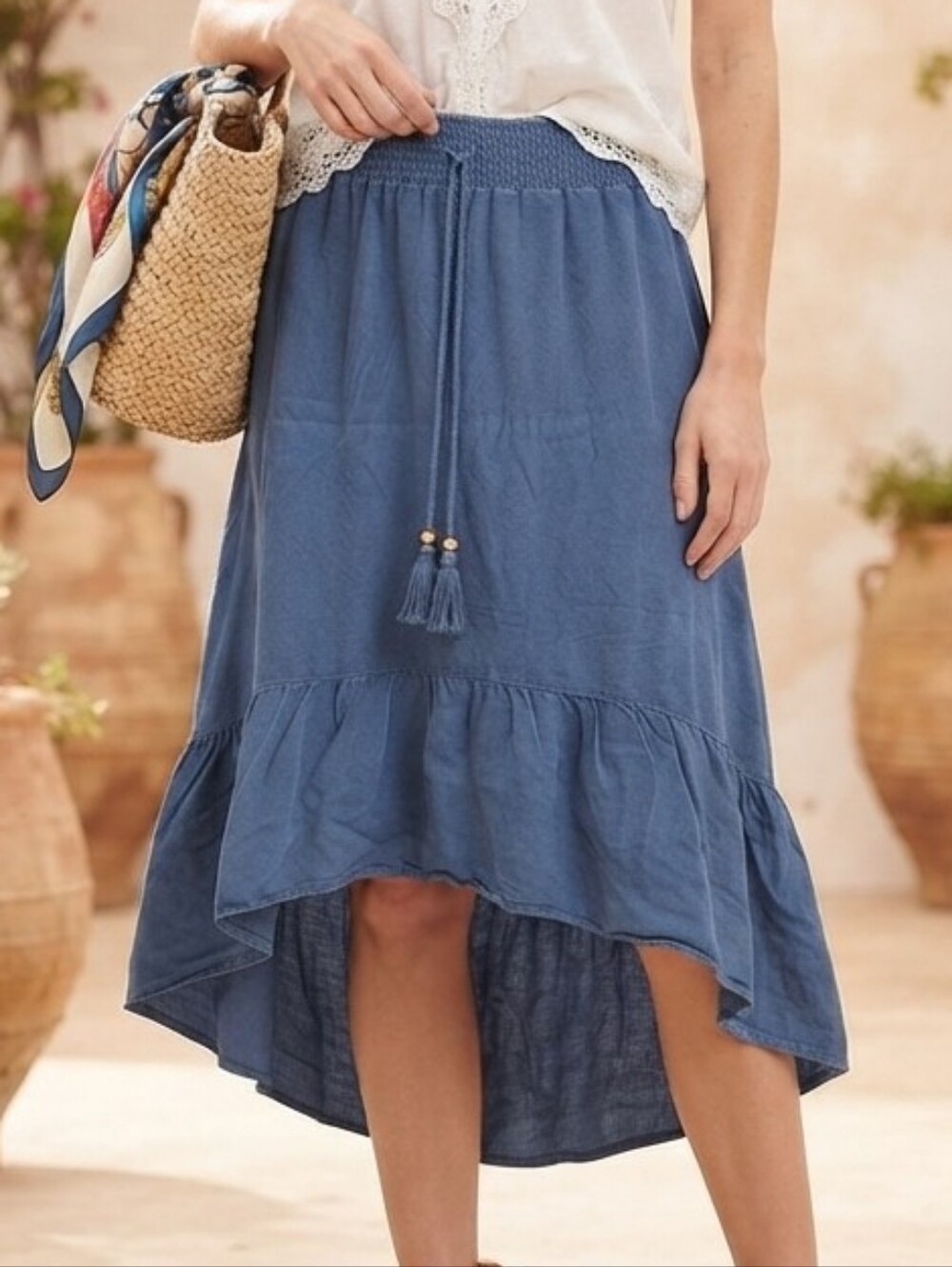 Faded Blue Maxi Tiered Ruffle Skirt Denim Style Medium Mlle Gabrielle Boho Hippi